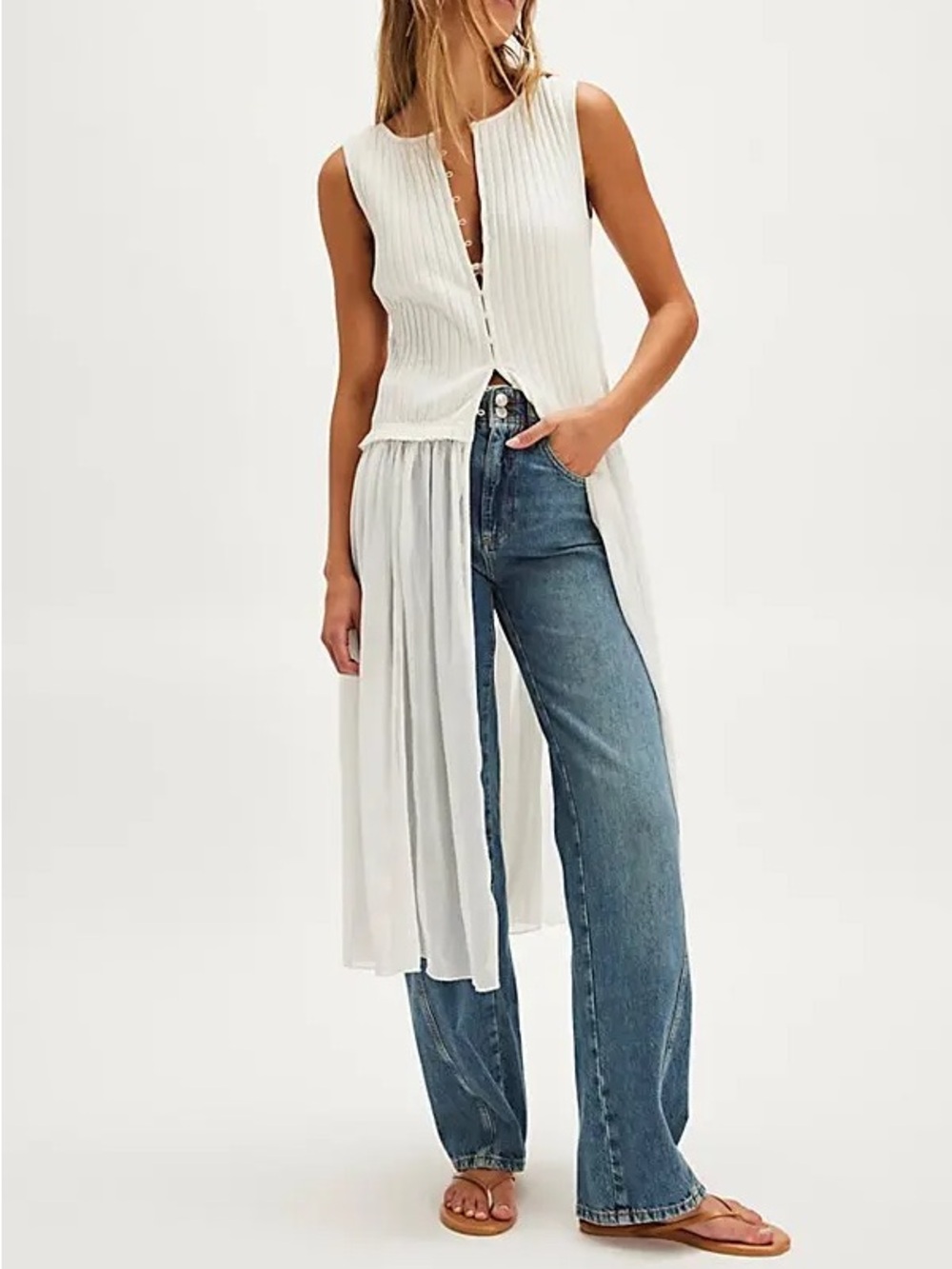 NWT Free People White Sleeveless Button-Front Maxi Knit Top Long Draped Panel
